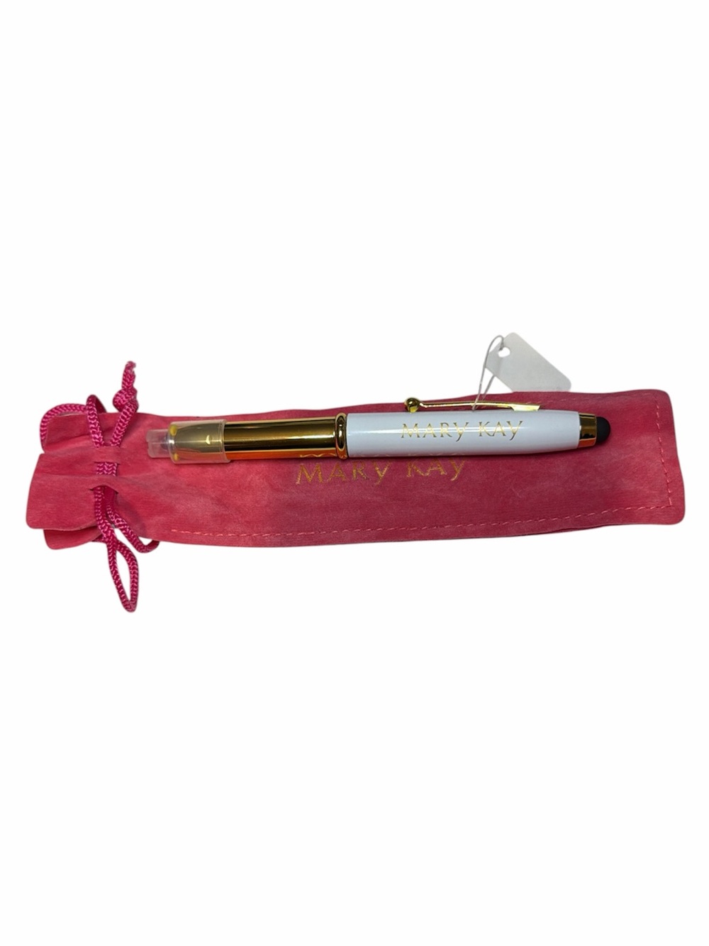 Mary Kay White & Gold Light Pen with Pink Drawstring Pouch
